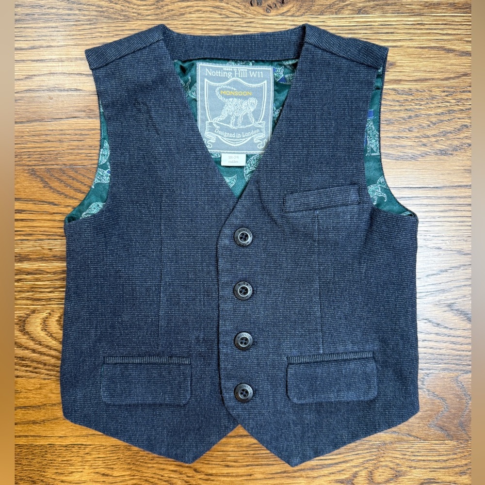 Monsoon Notting Hill W11 Navy/ Gray Vest w/ Green Fox Print Lining Sz 18-24 Mths